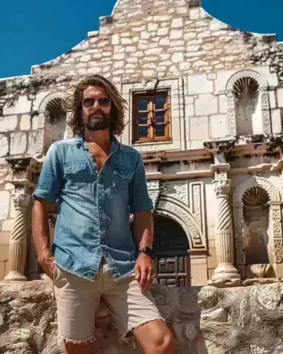 Confident man in frayed indigo denim shorts outside the Alamo, Texas. Summer  season.