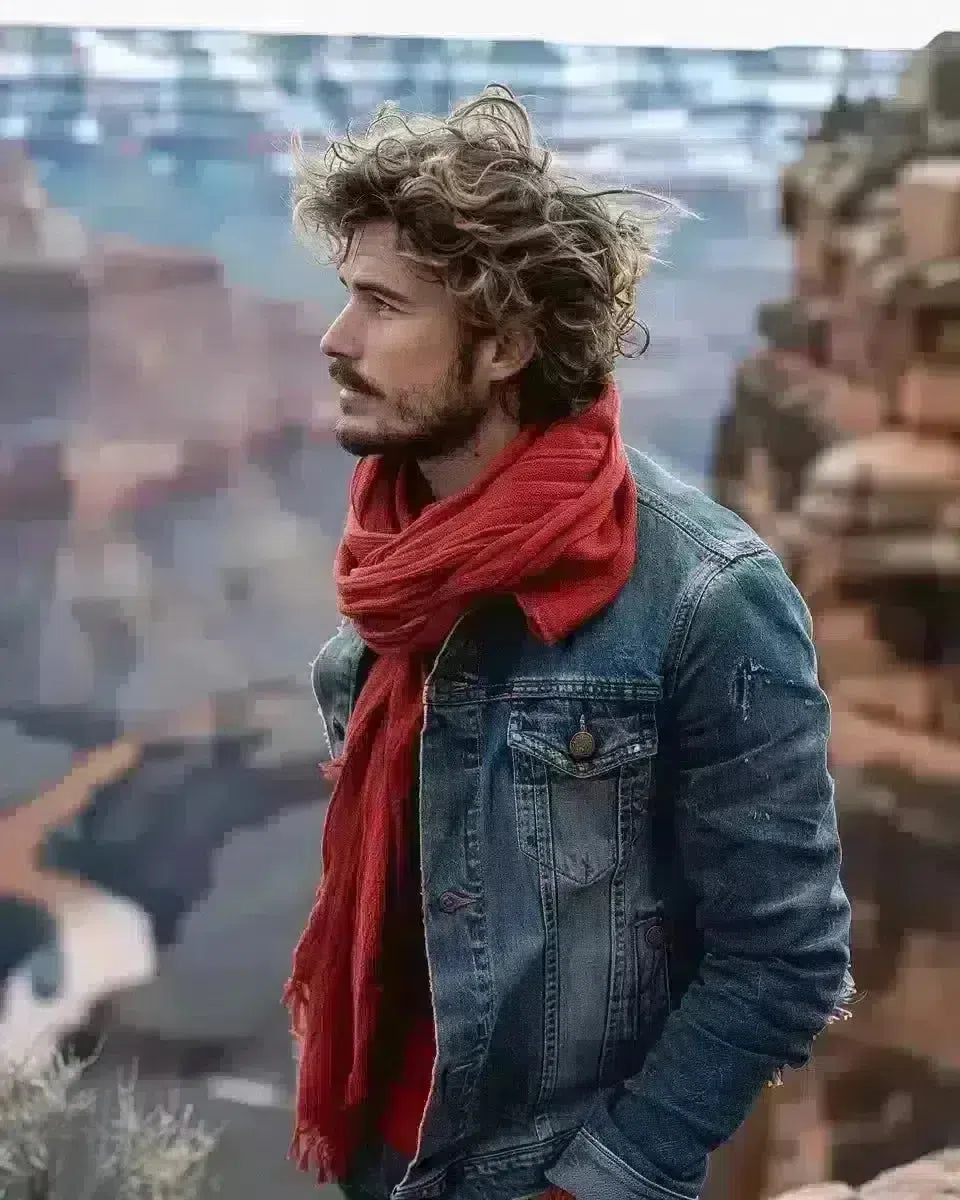 Man in distressed oversized denim jacket and red scarf looks out over an American canyon. Spring season.