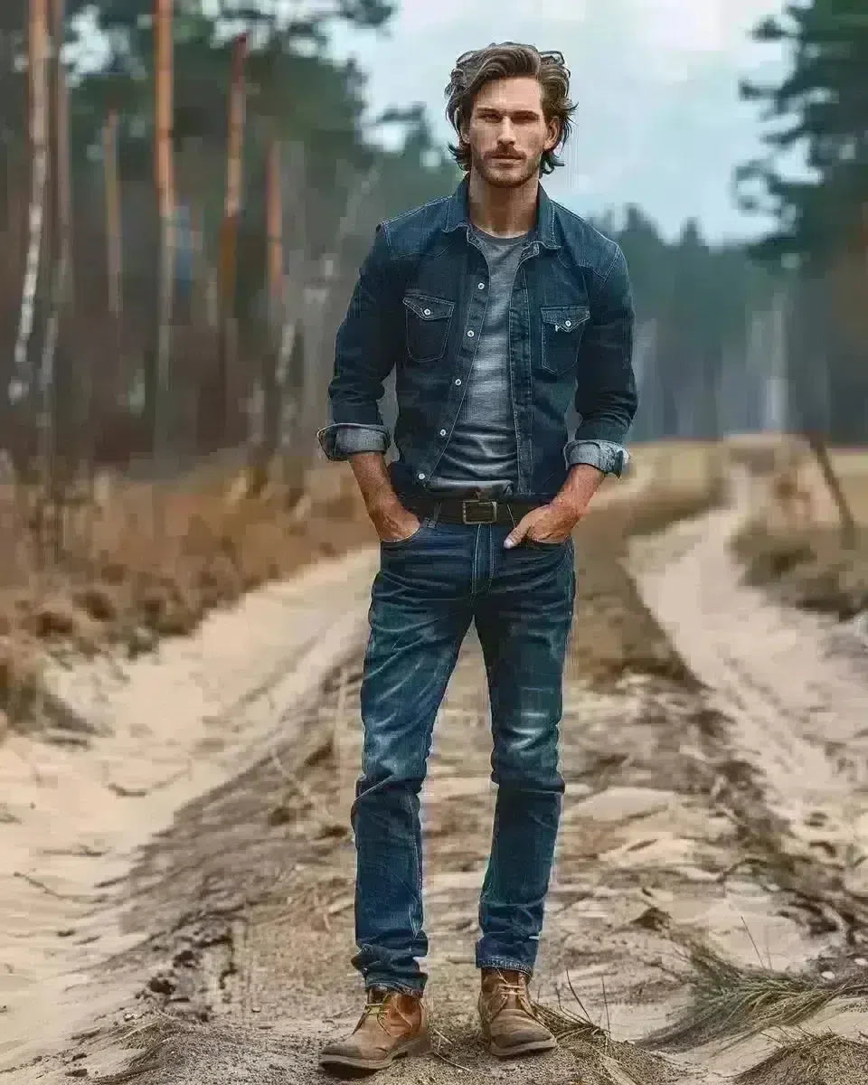 Male model in raw denim jeans, outdoors in [Country], near [Landmark]. Spring season.