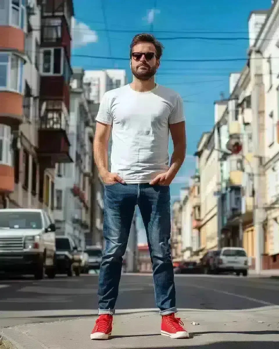 Stylish man in fitted indigo jeans and white tee, red sneakers, outdoor city backdrop. Spring season.