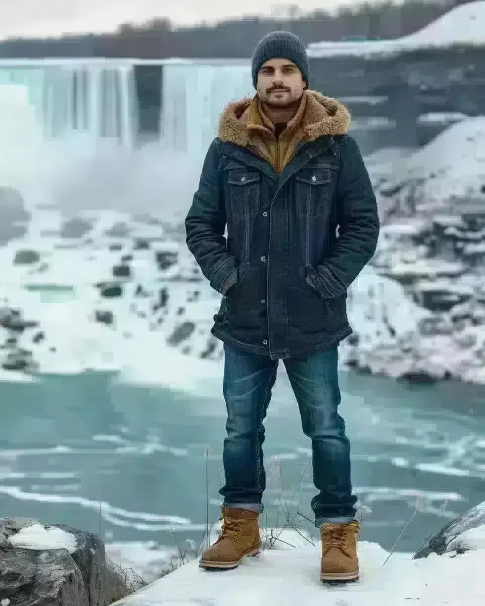 Male in rugged denim jeans, full length, at Niagara Falls, Ontario backdrop. Late Winter  season.