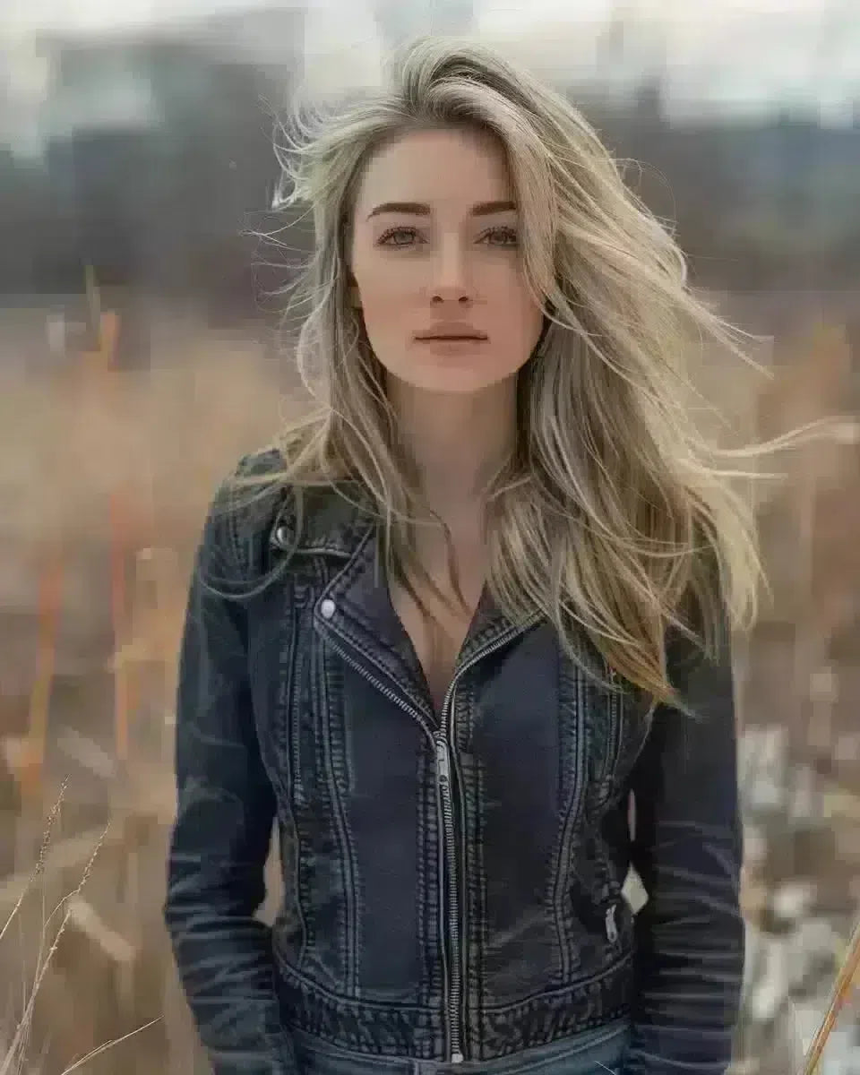 Canadian woman in chic biker jeans posing outdoors in Ontario. Spring season.