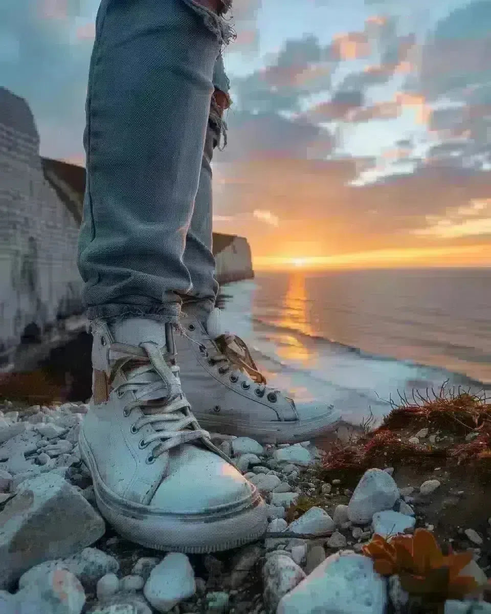 UK chalk cliffs at sunset, man in grey ripped jeans, denim focus. Spring season.