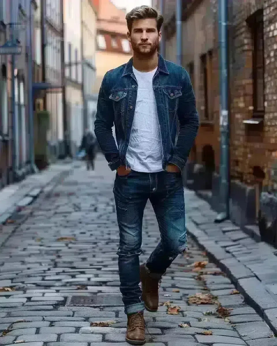 Male model in raw denim jeans, full-length, outdoor urban setting, indigo-focused. Spring season.