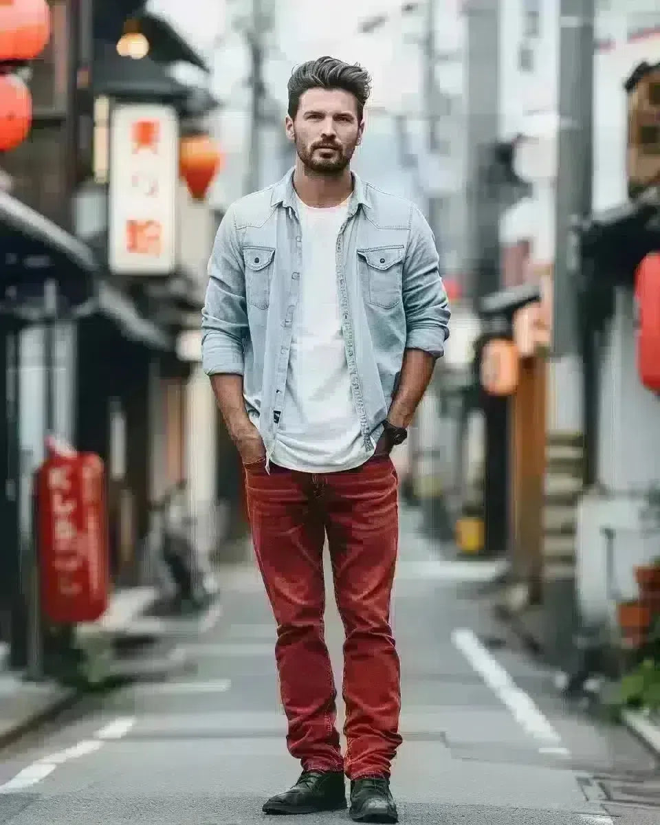 Man in selvedge jeans and chambray shirt, outdoor urban Japan backdrop. White shirt and red color denim.