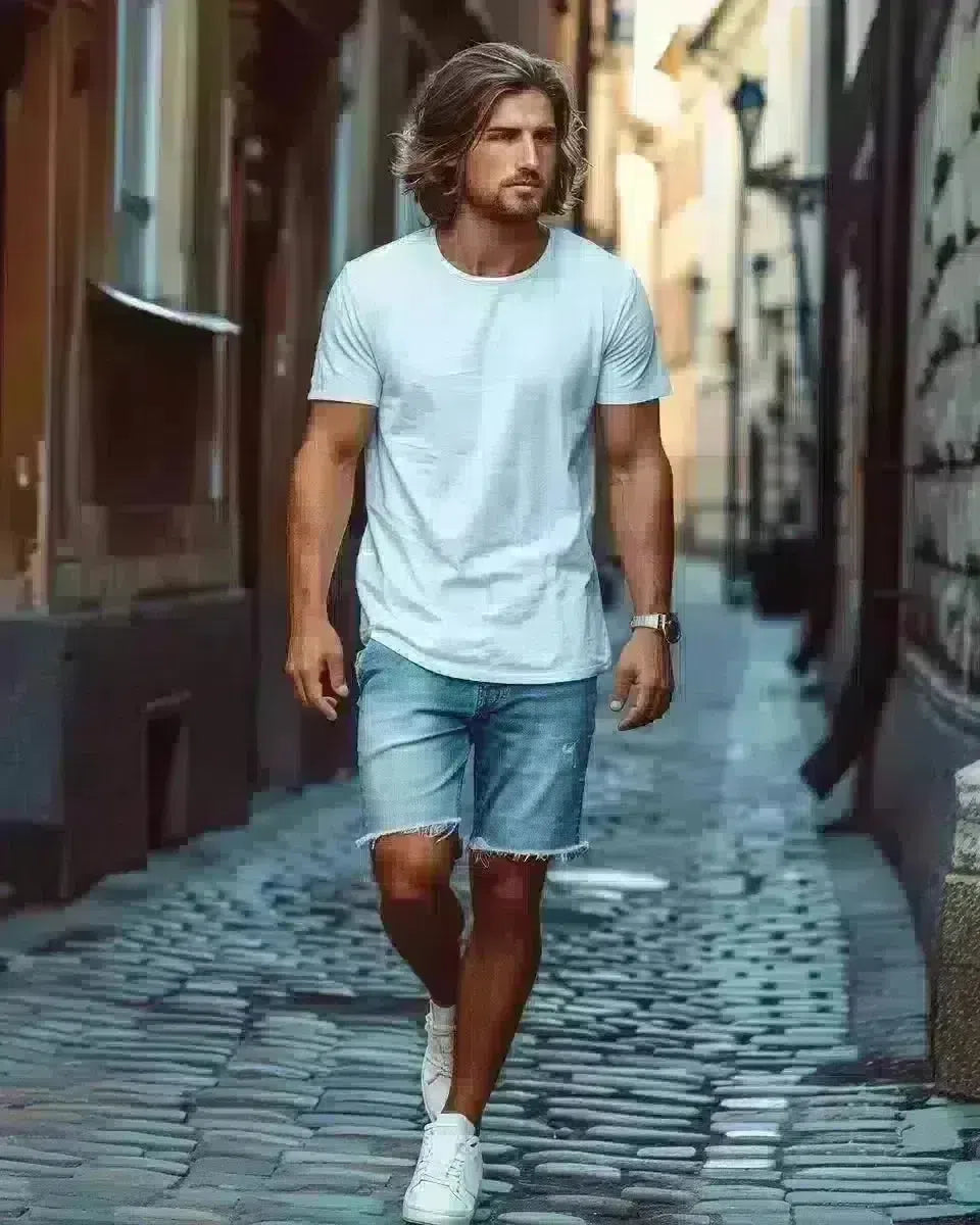 Male model in denim shorts, casual style, outdoor urban setting. Summer  season.