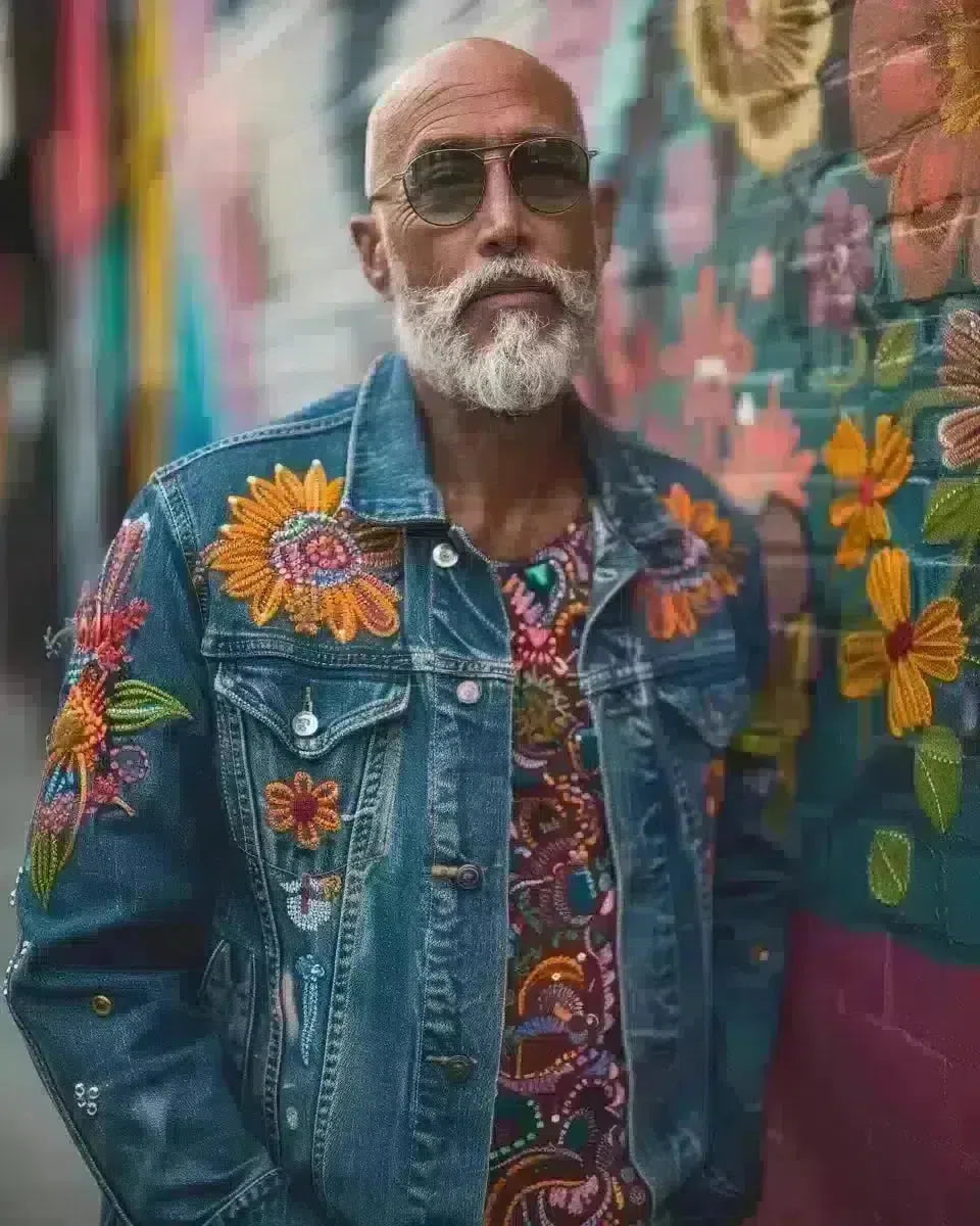 Man in vibrant embroidered denim jacket, urban outdoor setting, reflecting local culture. Spring season.