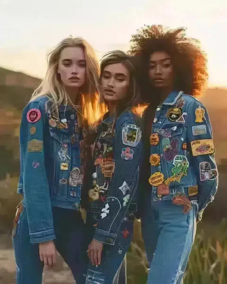 Diverse women model denim jackets at sunset in California, featuring unique patches and brooches. Late Winter  season.