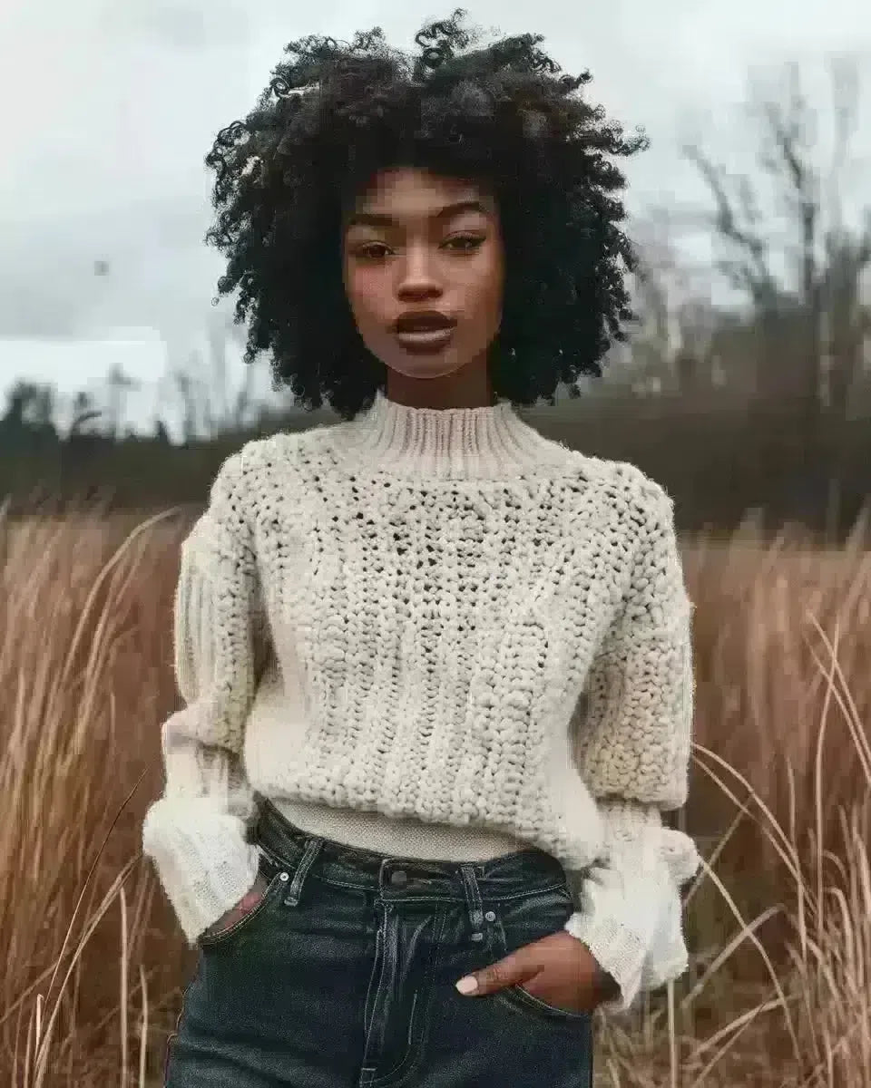 Ethnic model in sustainable indigo tapered jeans and cream sweater outdoors. Late Winter  season.