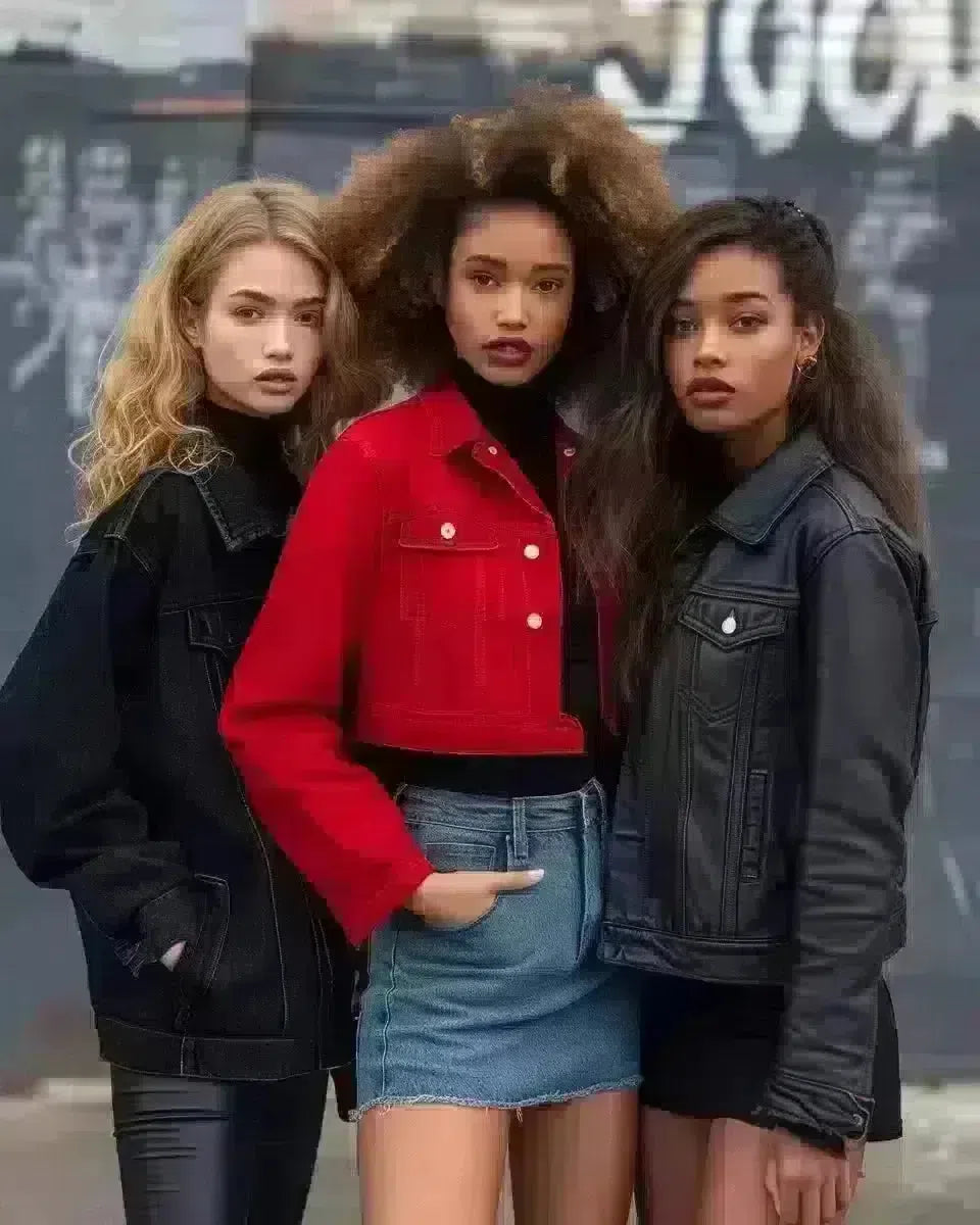 Diverse models in slit denim skirts against urban backdrop. Winter  season.