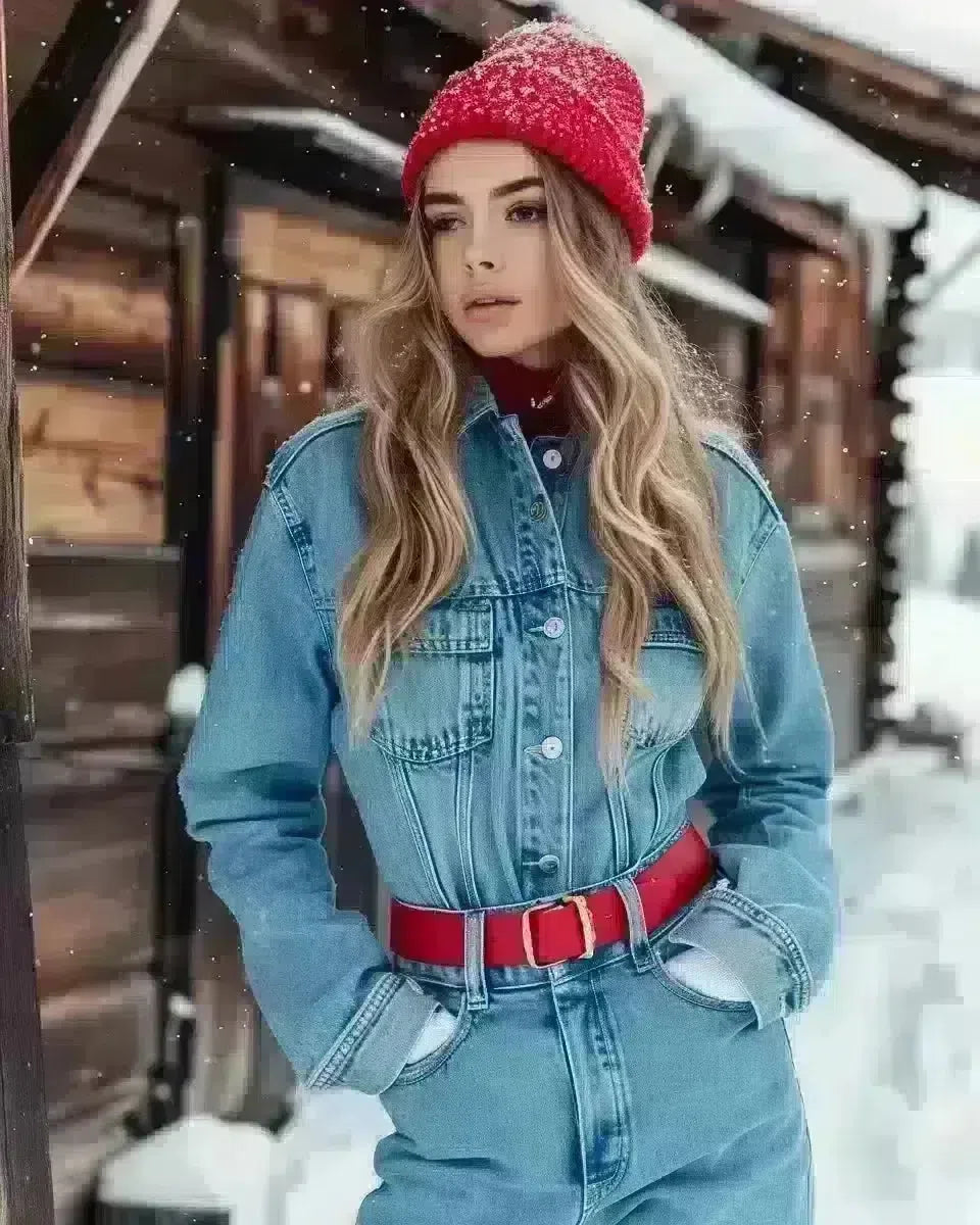 Caucasian woman in denim jumpsuit with red belt and white sneakers outdoors. Winter  season.