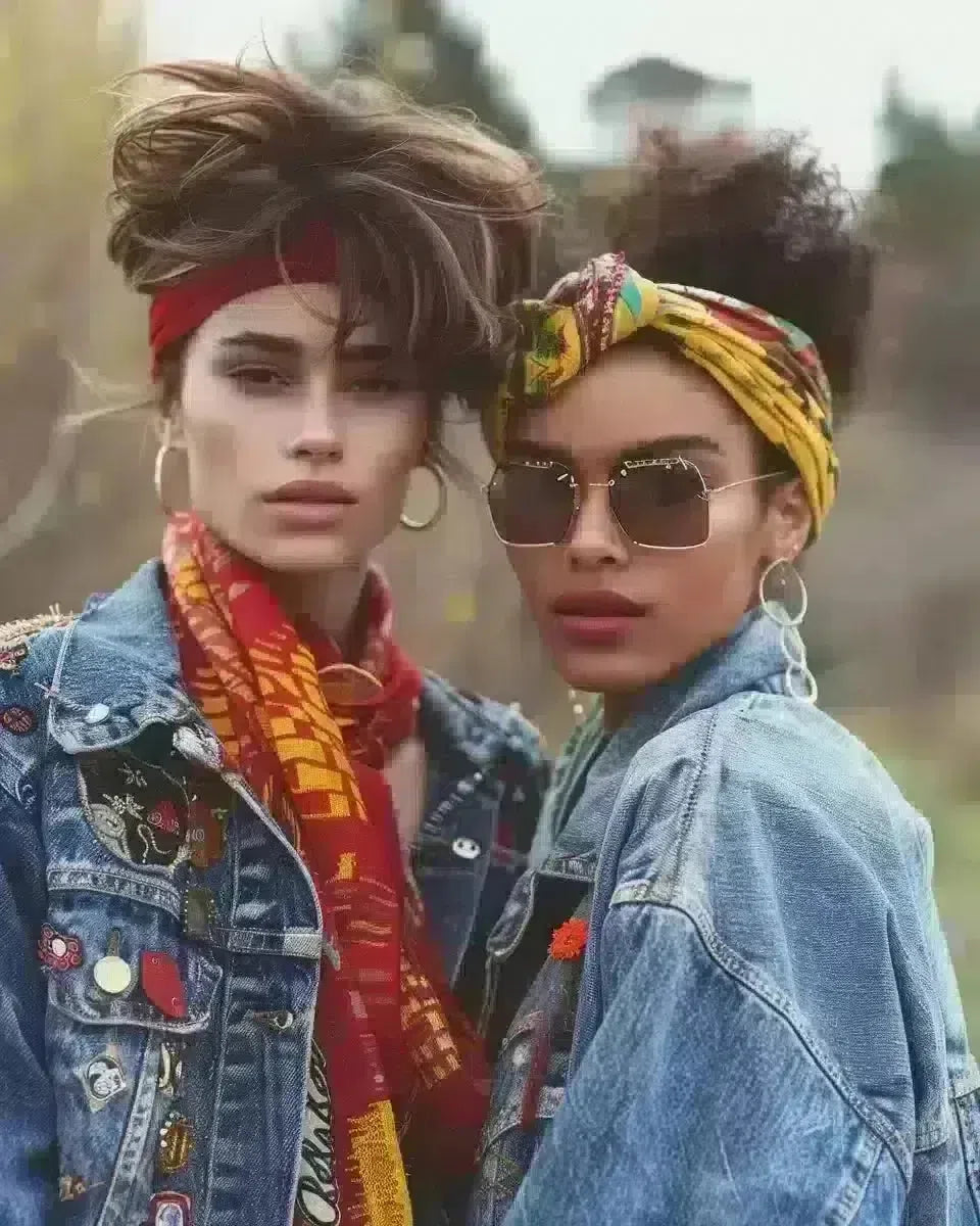 Diverse women in 80's denim jackets with patches, red scarves, and yellow headbands outdoors. Spring season.