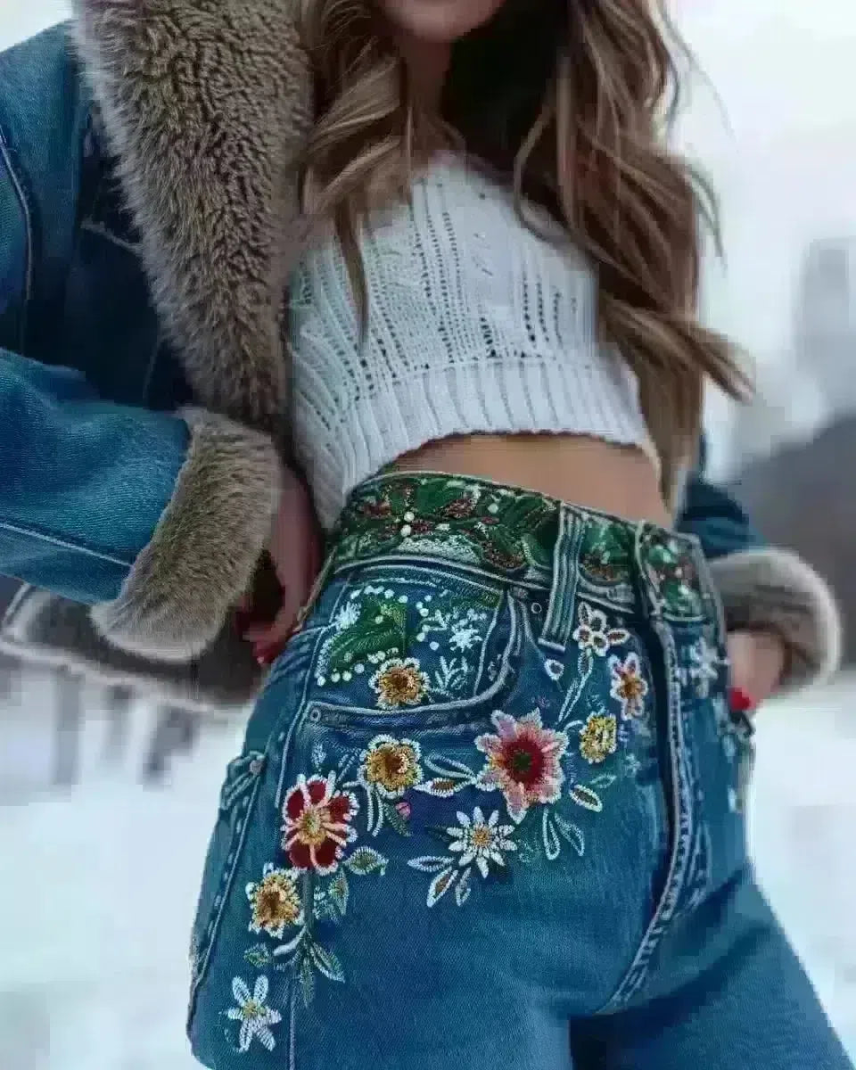 Embroidered women's jeans, diverse model, outdoor urban setting. Winter  season.