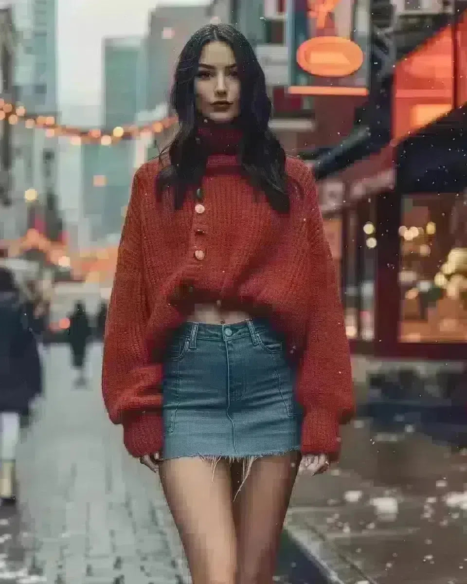 Hispanic female model in slit denim skirt and crimson sweater, walking in bustling city. Winter  season.