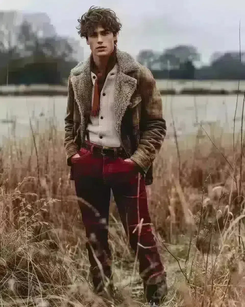 Male model in striking red jeans, South East UK countryside backdrop. Winter  season.