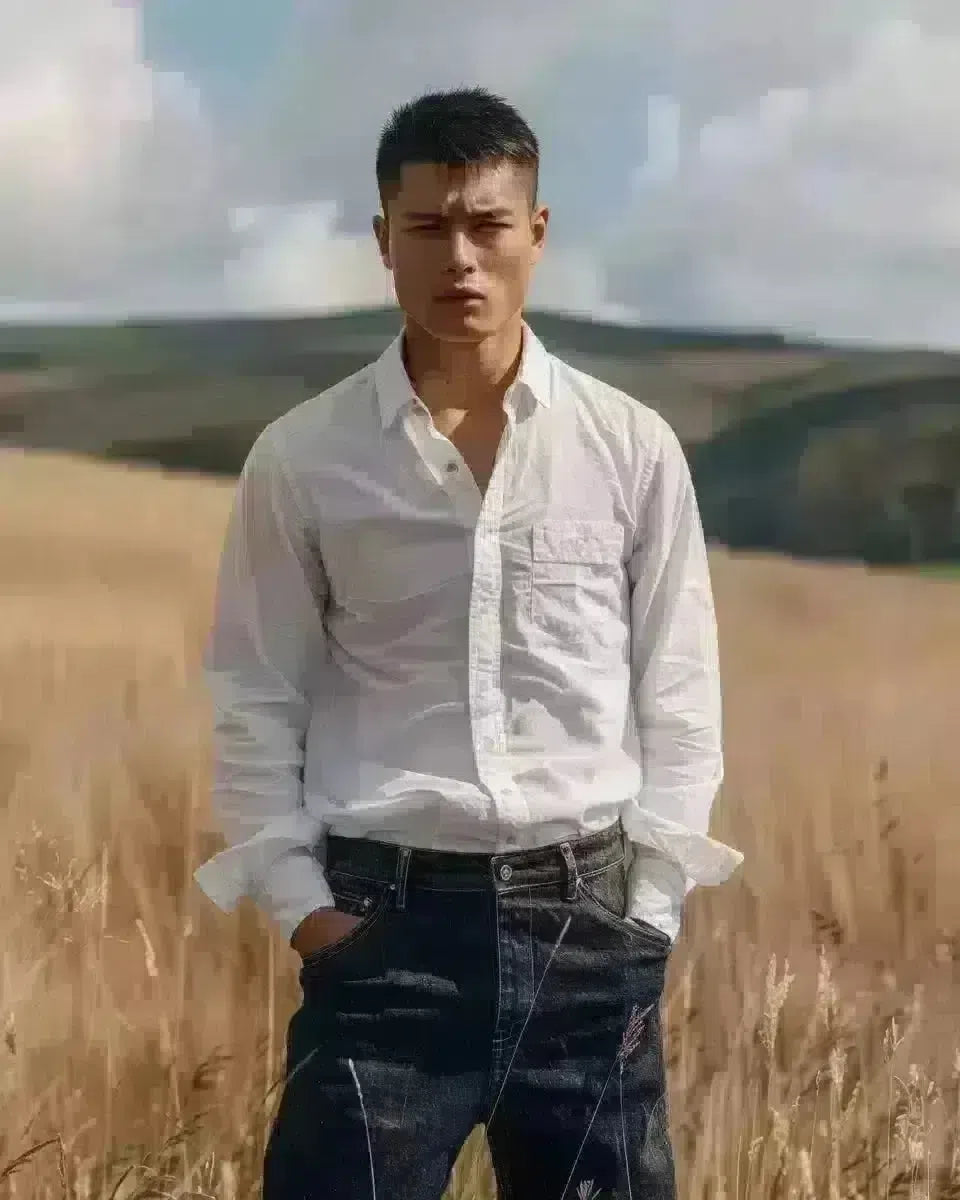 Asian man in selvedge jeans, white shirt, Canterbury landscape backdrop. Spring season.