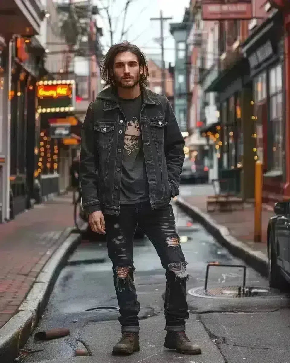 Man in ripped black jeans, Pennsylvania street backdrop, rebellious vibe. Spring season.
