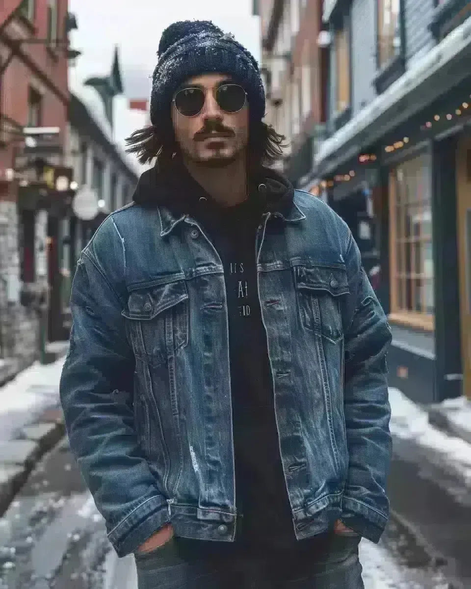 Man in weathered oversized denim jacket on historic Quebec street. Spring season.