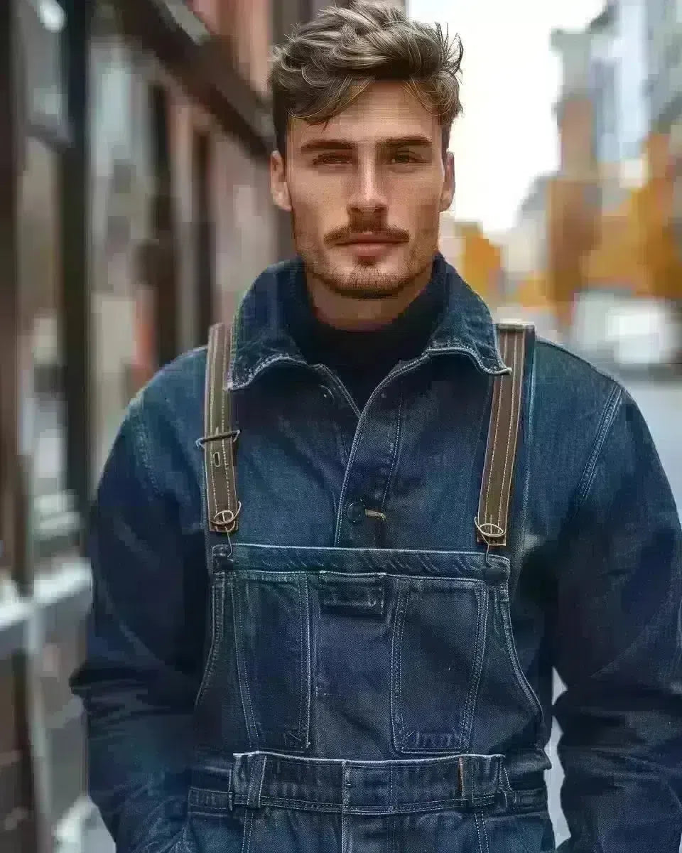 Man in tailored denim jumpsuit, buttoned suspenders, classic yet modern, outdoor city backdrop. Winter  season.