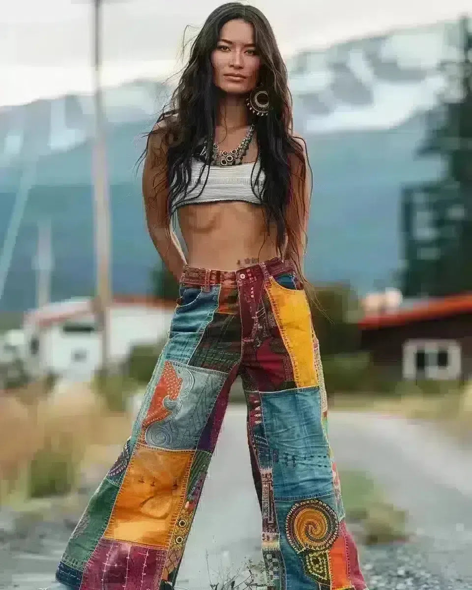 Proud woman in custom patchwork jeans, outdoor setting, reflecting her ethnicity and local style. Spring season.