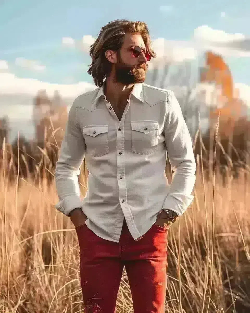 Valentine's themed denim outfit, elegant fade, precise stitching, outdoor, ethnicity, country background. White shirt and red color denim.