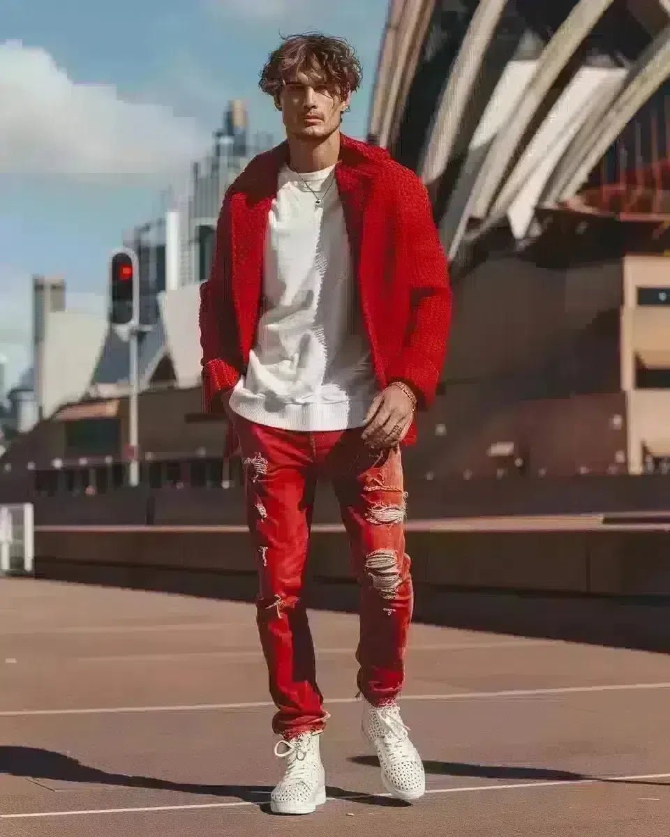Male model in red slim-fit, distressed jeans at Sydney Opera House. Spring season.