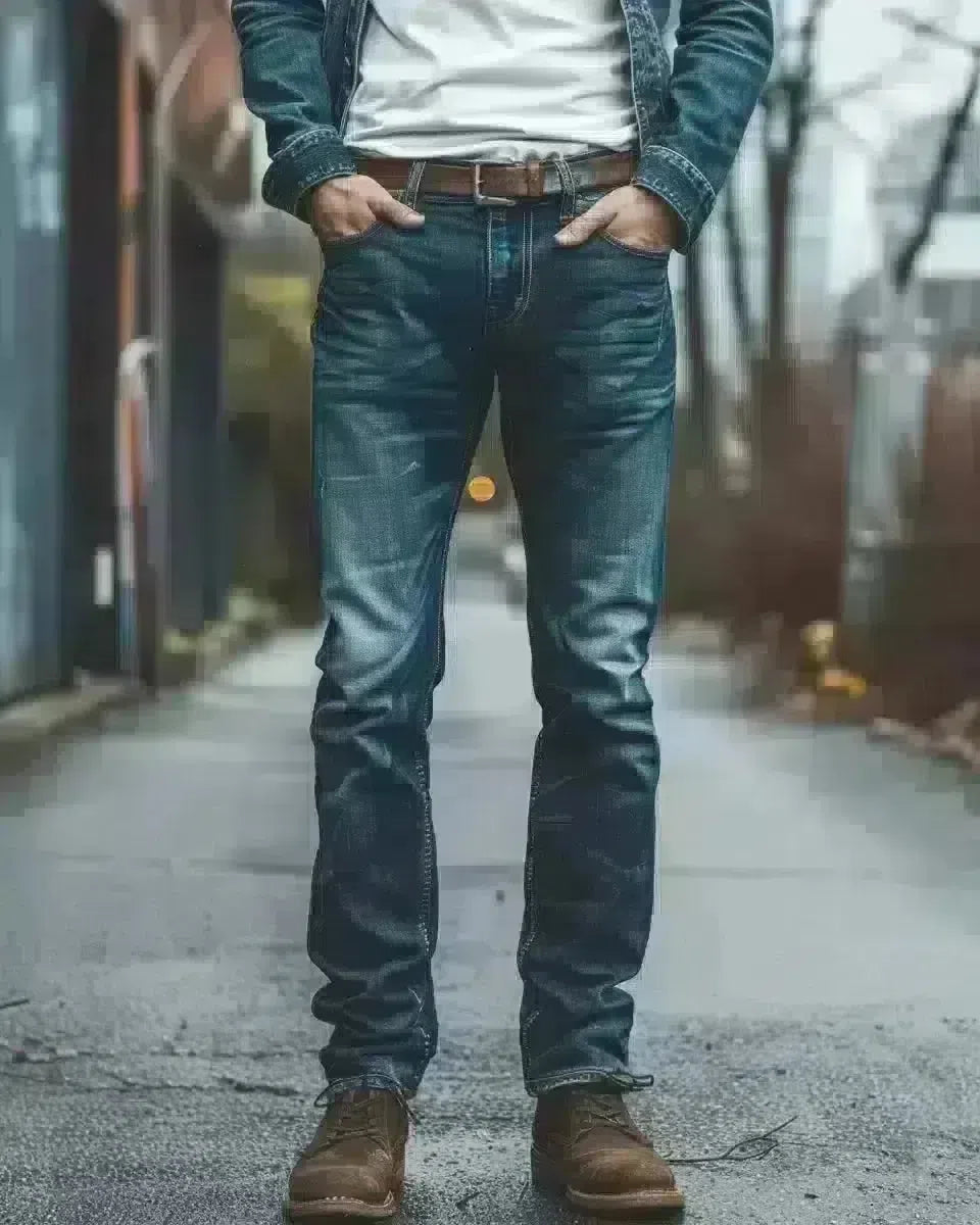 Rugged man in well-worn selvedge jeans, full view, against an outdoor urban backdrop. Spring season.
