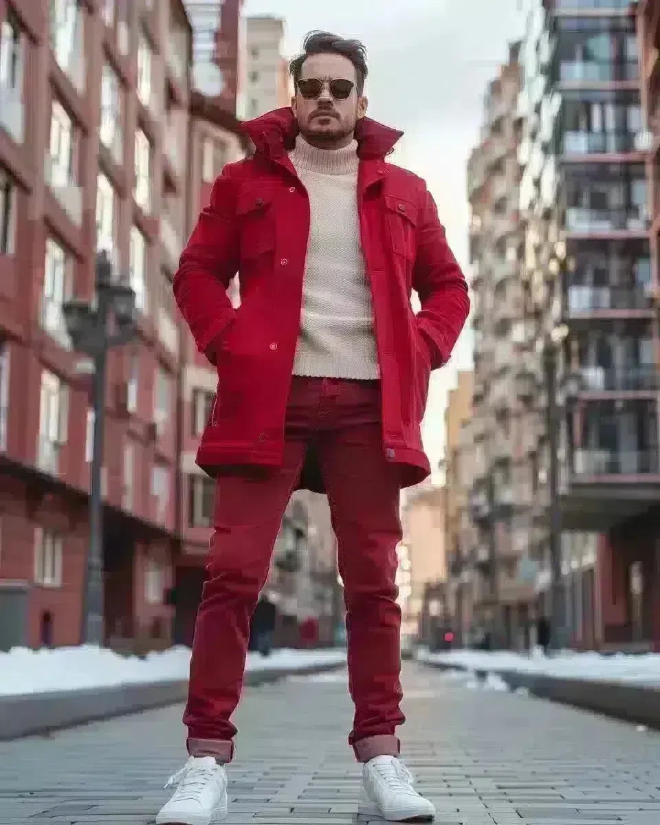 Confident man in crimson red jeans, outdoor cityscape, reflecting local culture. Spring season.