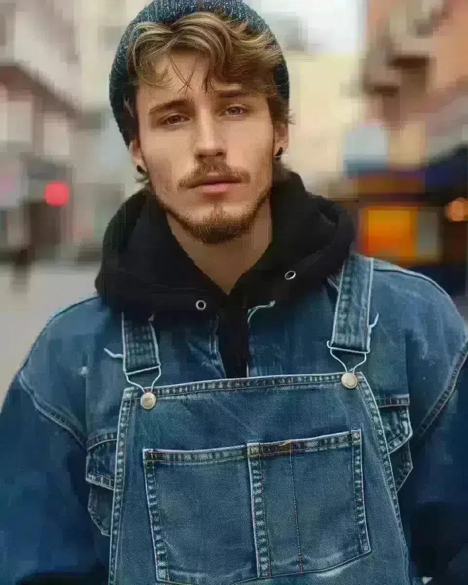 Model in men's denim overalls, gender-neutral style, rugged texture, outdoor urban background. Late Winter  season.