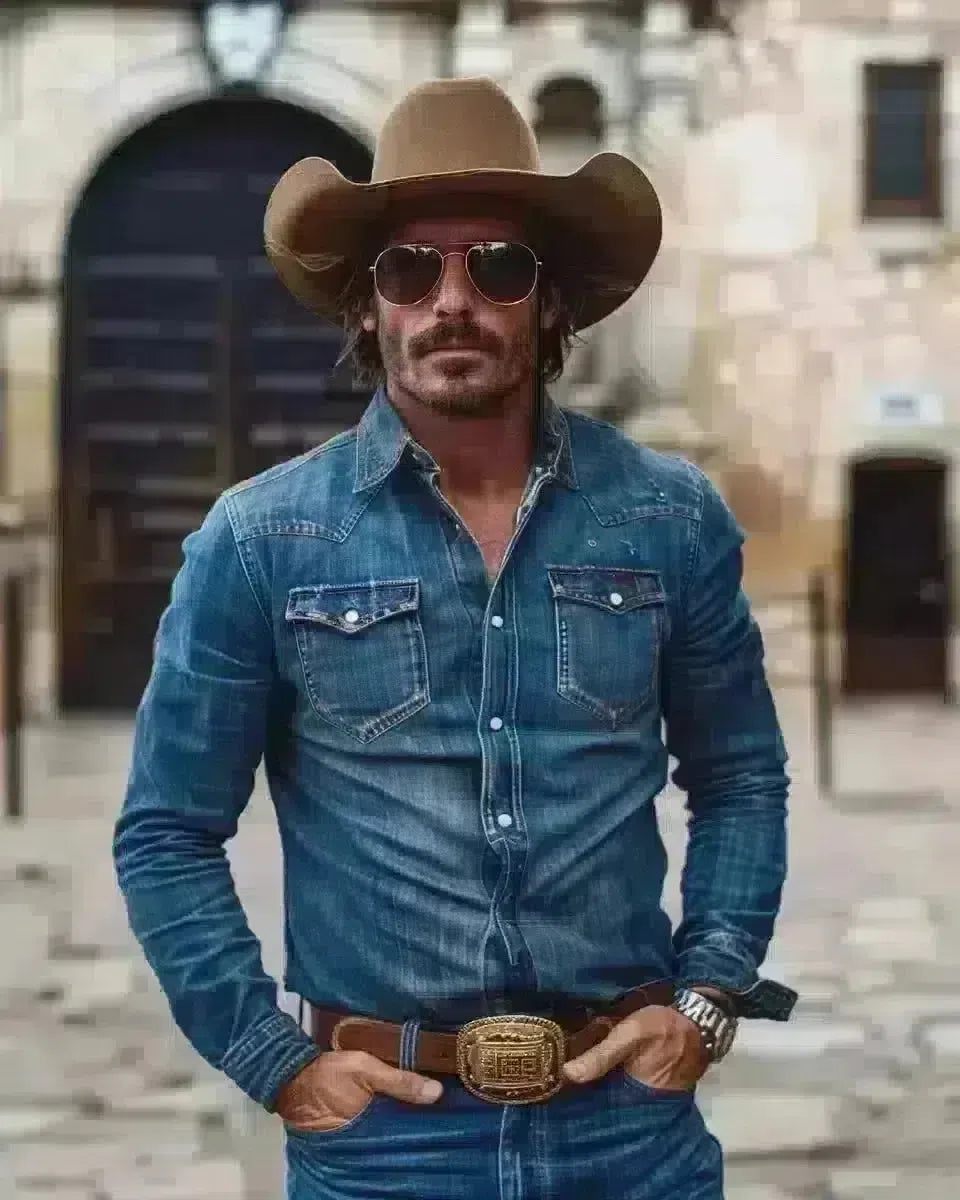 Confident man in classic indigo selvedge jeans at Texas Alamo. Spring season.
