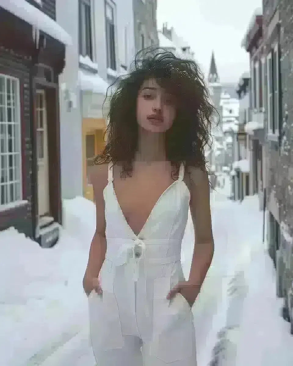 Woman in white denim jumpsuit, clear ethnicity, Quebec historic buildings. Winter  season.