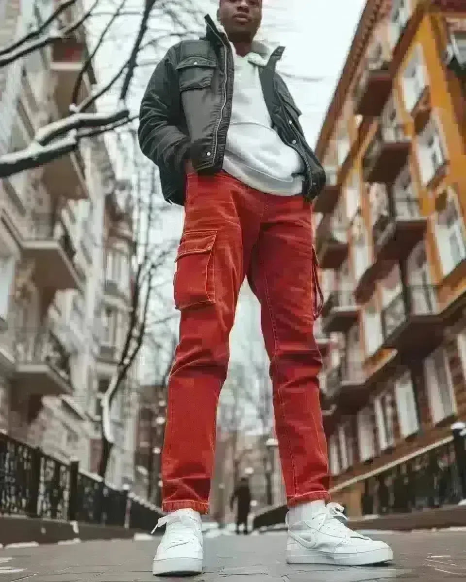 Man in vibrant red high-rise jeans, outdoor city backdrop. Winter  season.