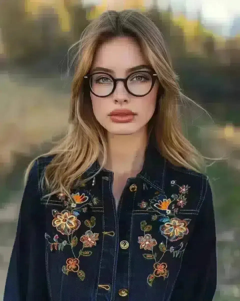 Woman in floral embroidered denim jacket, outdoor ethnic background. Spring season.