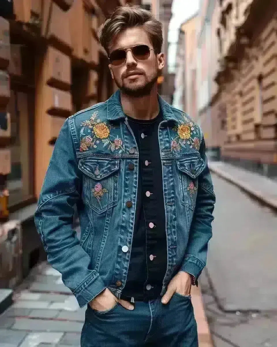 Man in embroidered bomber denim jacket, outdoor city background. Spring season.