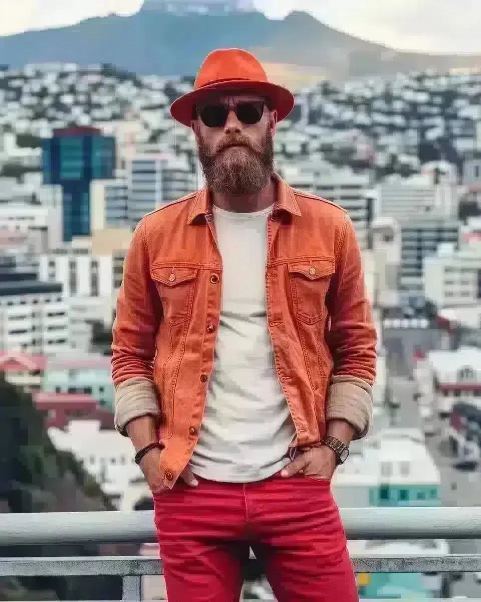 Man in red denim jeans, downtown Wellington backdrop. Winter  season.