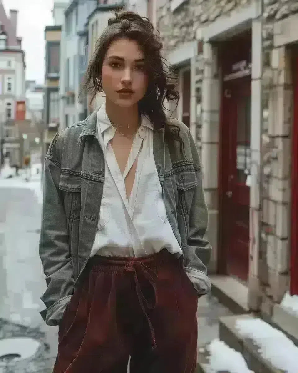 Quebec street, woman in sage green denim jacket, white blouse, maroon culottes. Spring season.