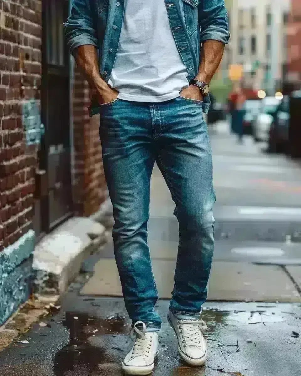 Summer men's fashion, lightweight denim jeans, urban outdoor backdrop. Spring season.