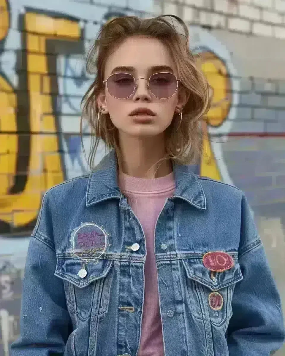 Confident woman in 80s denim jacket with patches, outdoor urban backdrop. Spring season.