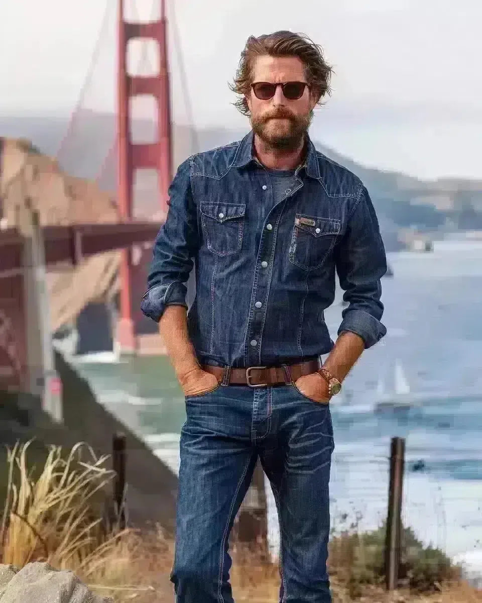 Confident man in raw denim jeans at Golden Gate Bridge Spring season.