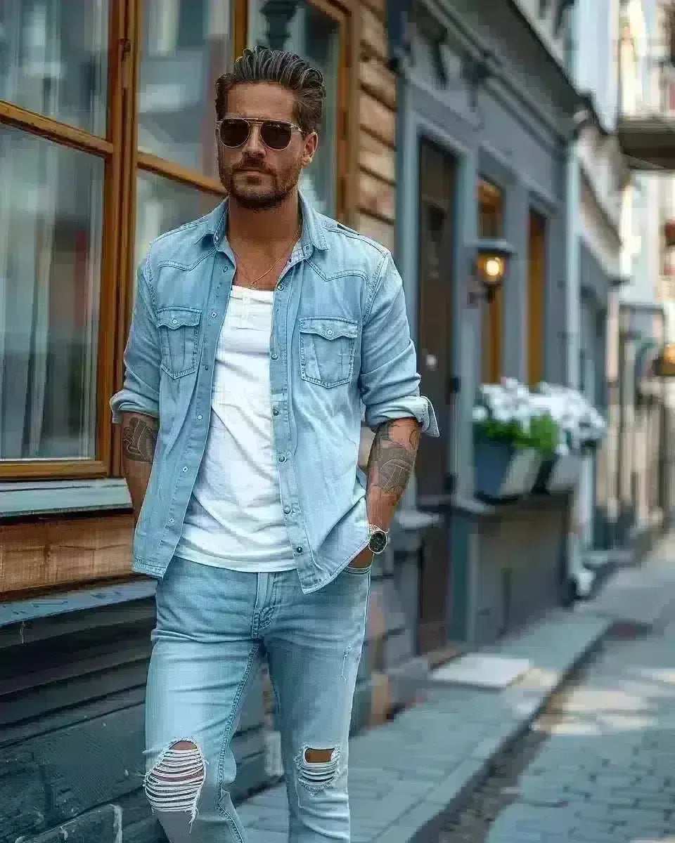 Professional man in stylish jeans, outdoor urban setting, subtle denim texture. Spring season.