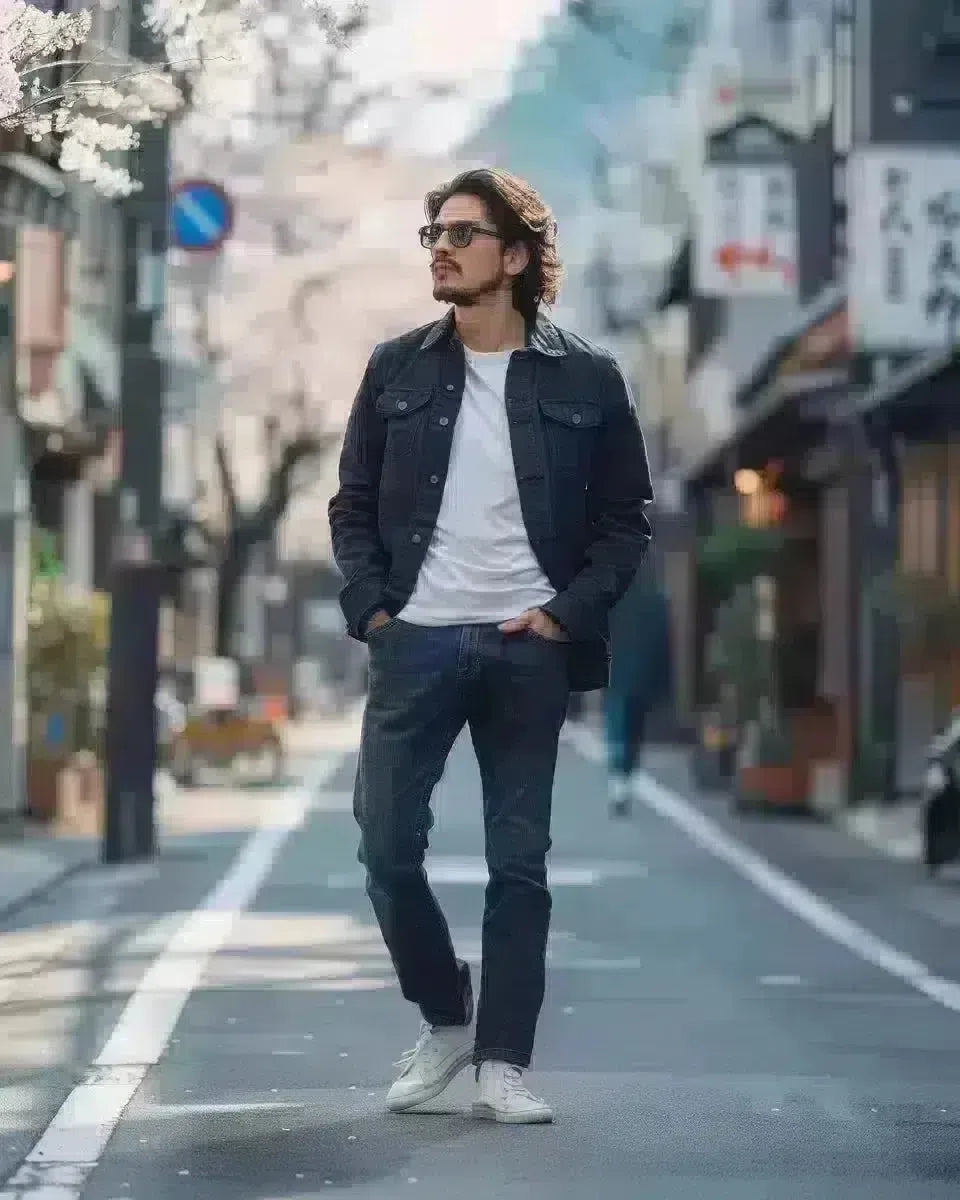 Man in high-waisted jeans, deep indigo, tailored fit, outdoors in urban Japan. Spring season.