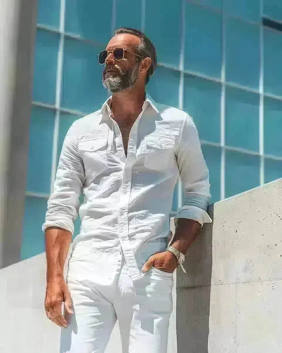 Contemporary men's white jeans outdoor photoshoot, diverse builds, spring collection. Spring season.