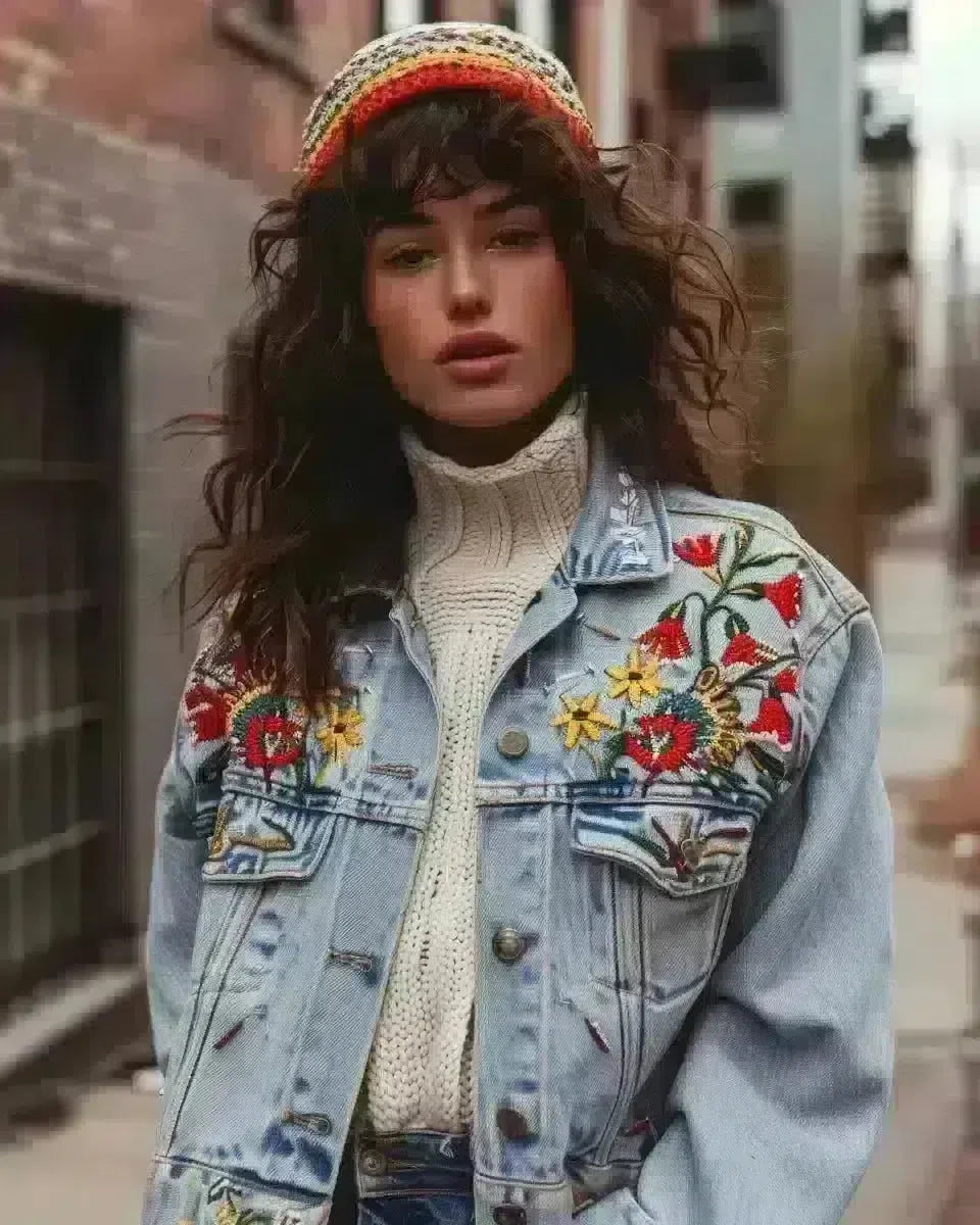 80s-inspired women's denim jacket with embroidery and knit accents, outdoor urban setting. Spring season.