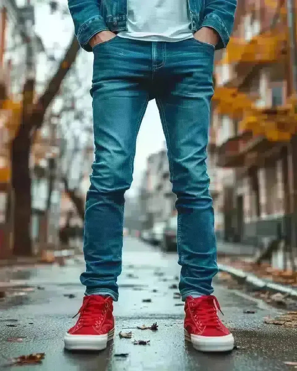 Casual men's blue denim jeans, white t-shirt, red sneakers, outdoor urban background. Late Winter  season.