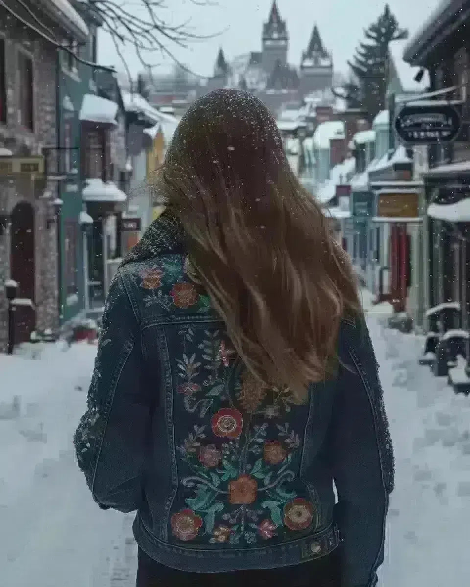 Quebec street backdrop, woman in intricate embroidered denim jacket. Late Winter  season.