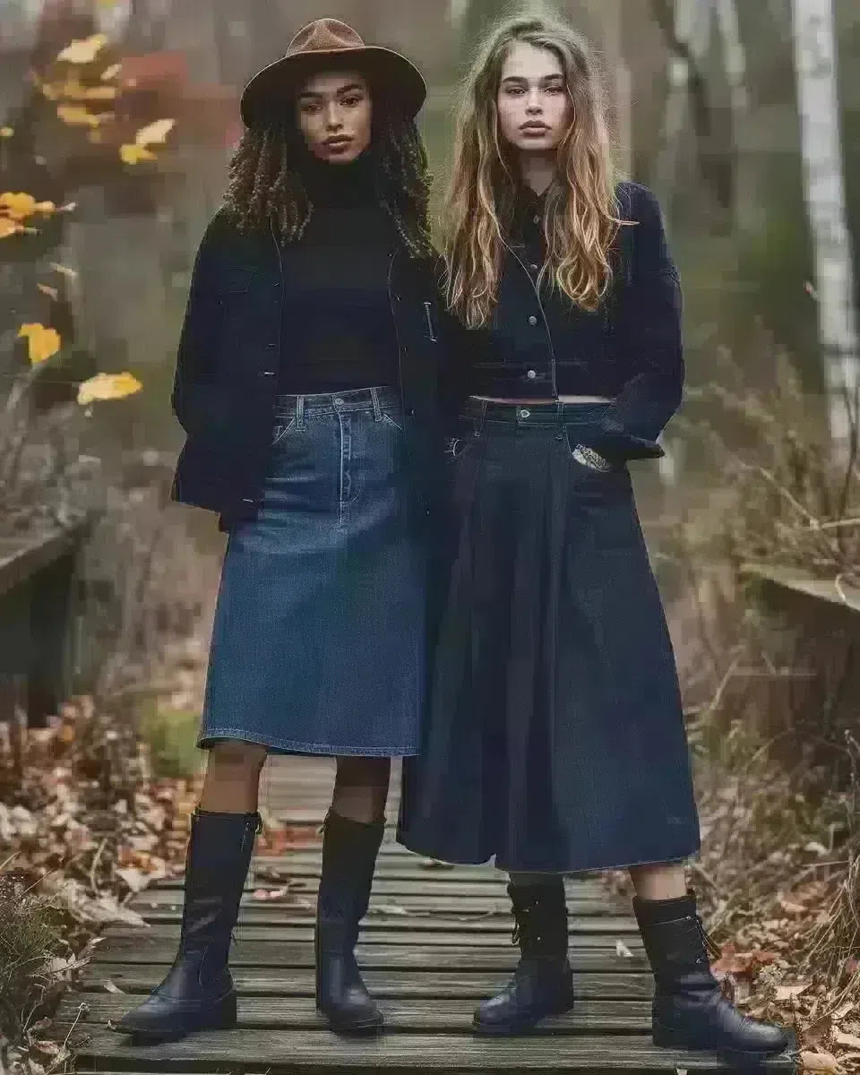 Diverse women showcase crafted denim skirts, chic to A-line, in an outdoor setting. Late Winter  season.