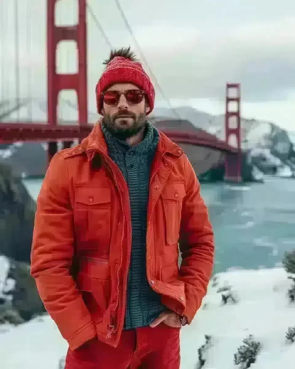 Man in red jeans, embodying rebellion, against Golden Gate Bridge backdrop. Winter  season.