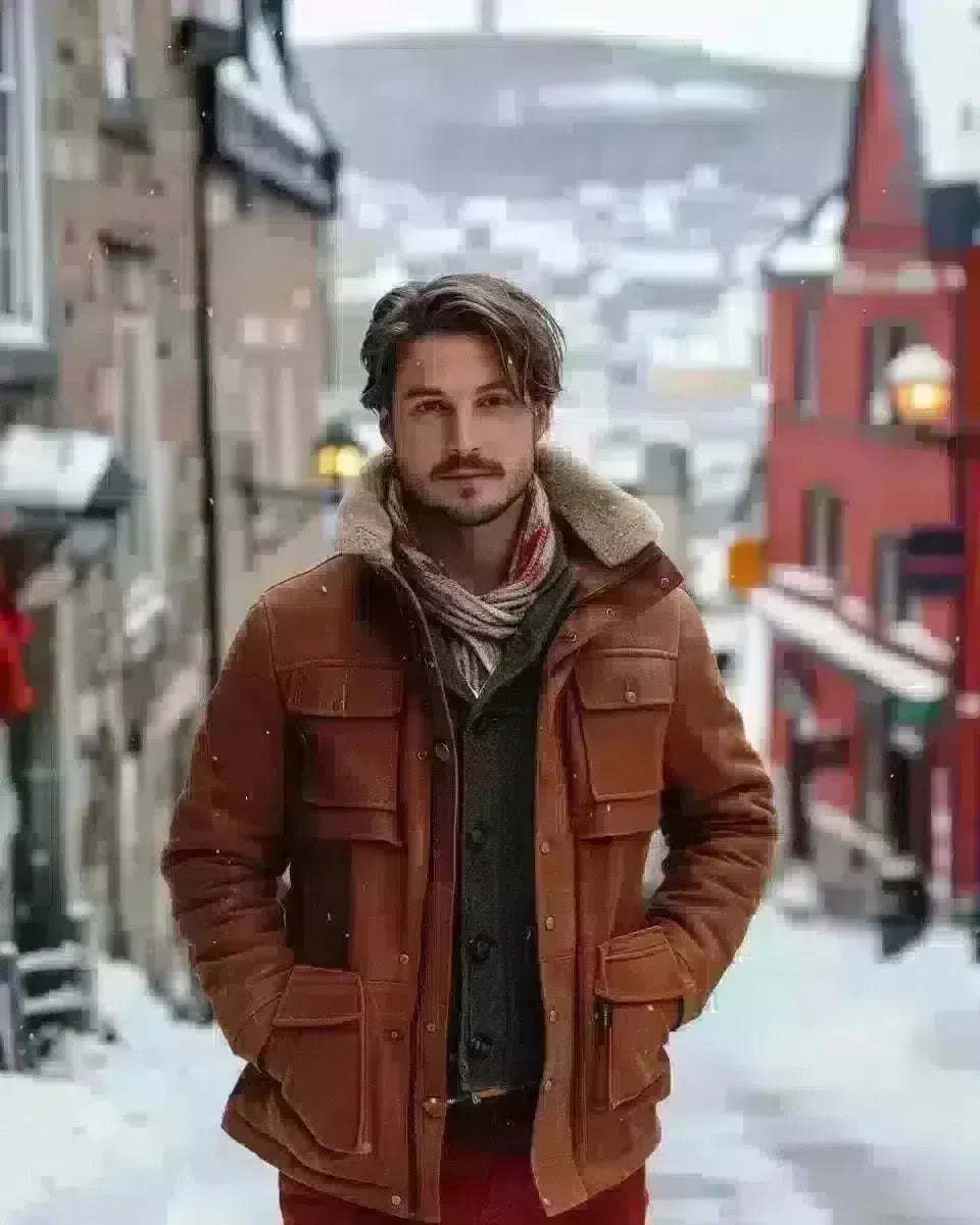 Man in red slim-fit jeans, diverse, Old Town Quebec street backdrop. Winter  season.