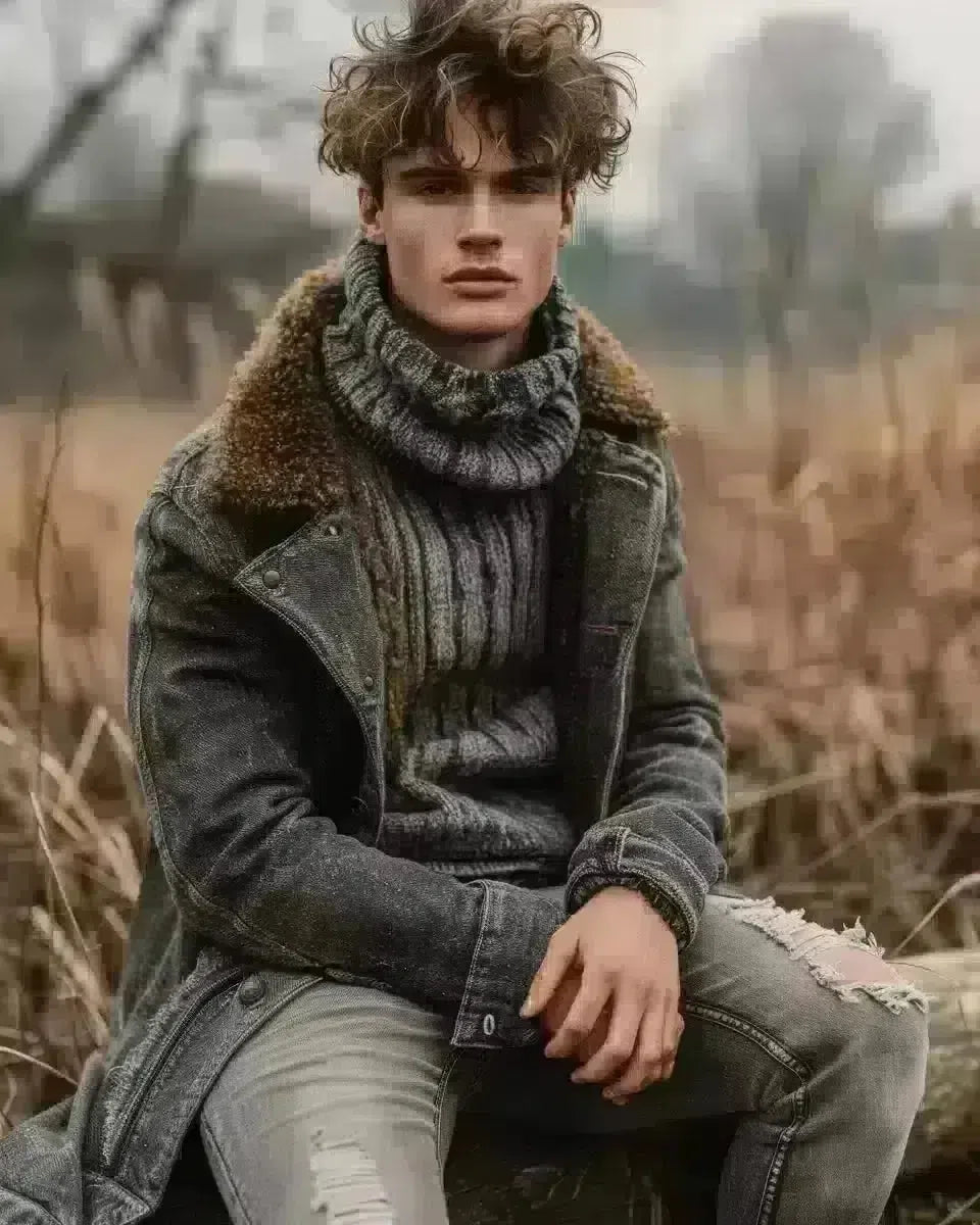 Diverse male model in grey ripped jeans, posing in Yorkshire's countryside. Spring season.