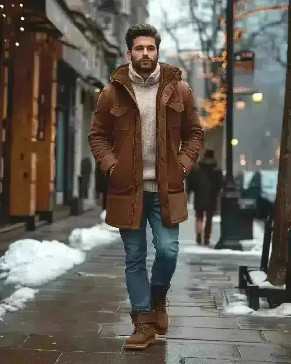 Man in well-fitted jeans, classic yet modern, outdoor urban setting. Late Winter  season.
